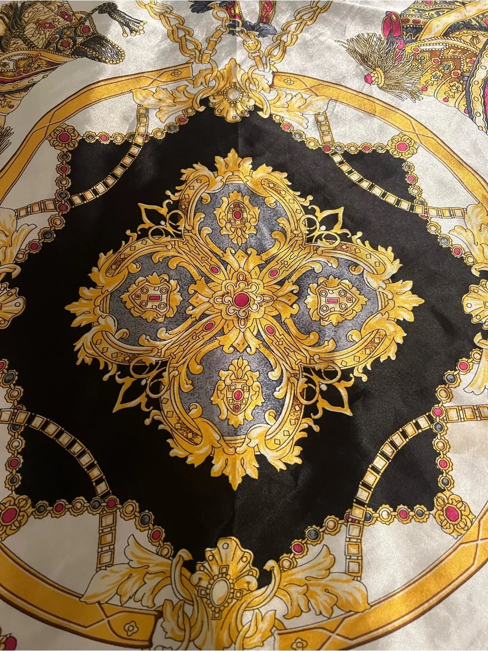 36” Scarf: Silk-Feel Baroque Print Scarf in Black, Gold & Cream